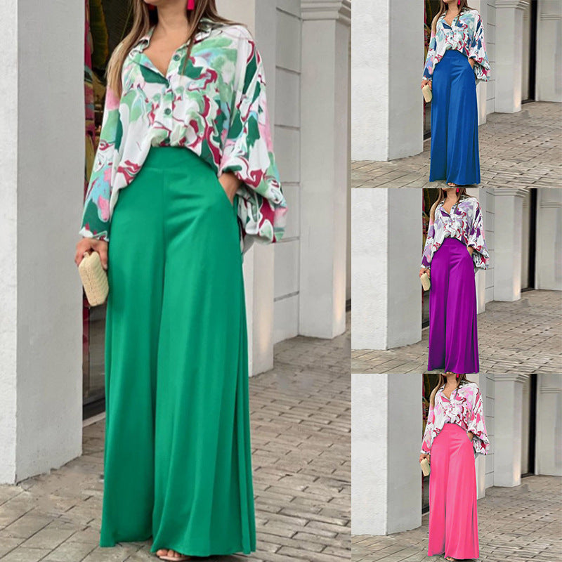 Summer Women Loose Casual Printed Blouse Wide Leg Pants Two Piece Set