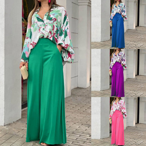 Summer Women Loose Casual Printed Blouse Wide Leg Pants Two Piece Set
