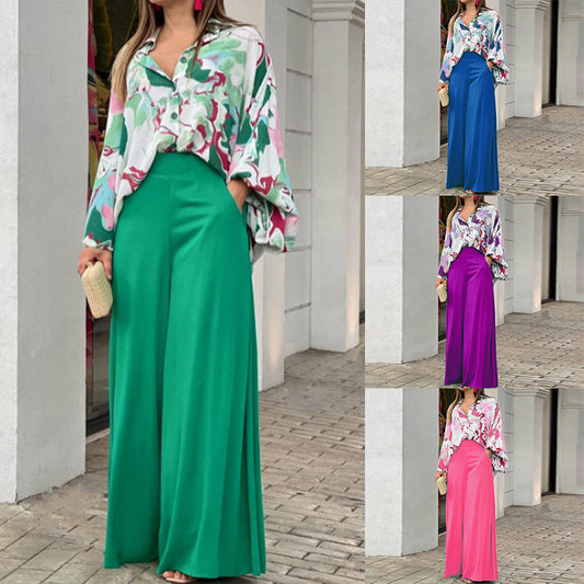 Summer Women Loose Casual Printed Blouse Wide Leg Pants Two Piece Set