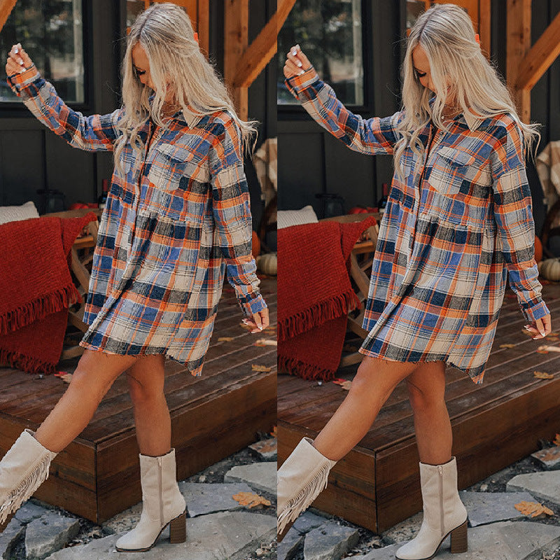 Casual Vintage Women Autumn And Winter Plaid Long Sleeve Lapel Blouse Shacket