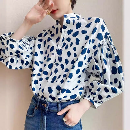 Women Fashion Casual Dot Printed Puff Sleeve Single Breasted Blouse