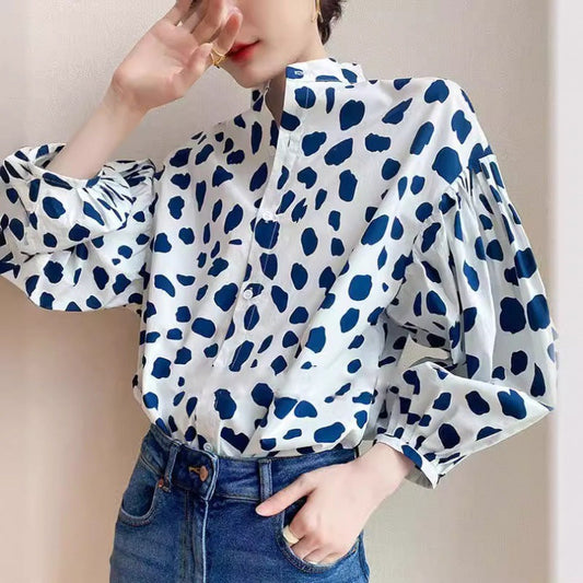 Women Fashion Casual Dot Printed Puff Sleeve Single Breasted Blouse