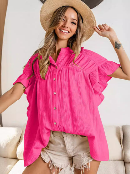 Women Fashion Casual Solid Color Pleated Stand Collar Single Breasted Blouse