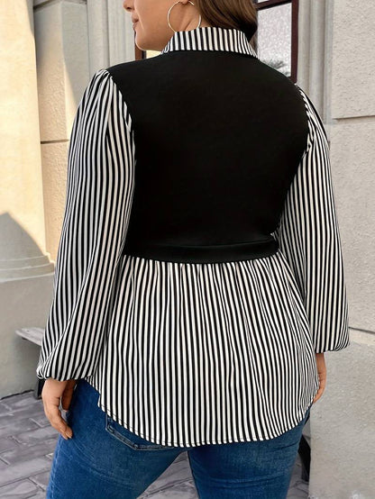 Women Fashion Casual Plus Size Contrast Stripe Splicing Lapel Long-Sleeve Button Blouse