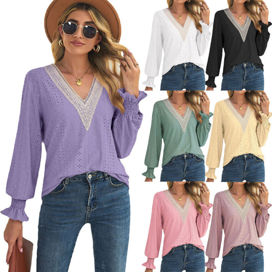 Women Fashion Casual Long-Sleeved Loose Hollow Lace V-Neck Blouse