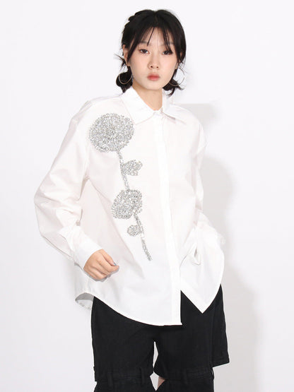 Women Fashion Casual Loose Rhinestone Flower Lapel Long-Sleeve Blouse