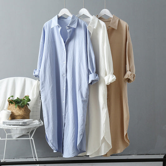 Women Casual Spring Loose Single-breasted Lapel Solid Color Blouse