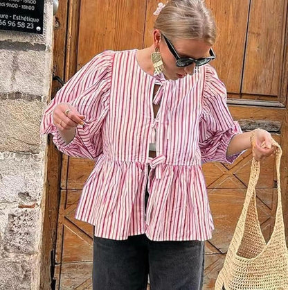 Women Sweet Casual Strap Stripe Blouses