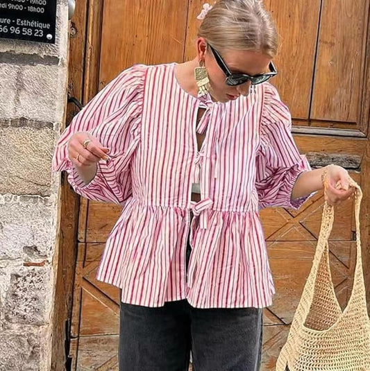 Women Sweet Casual Strap Stripe Blouses