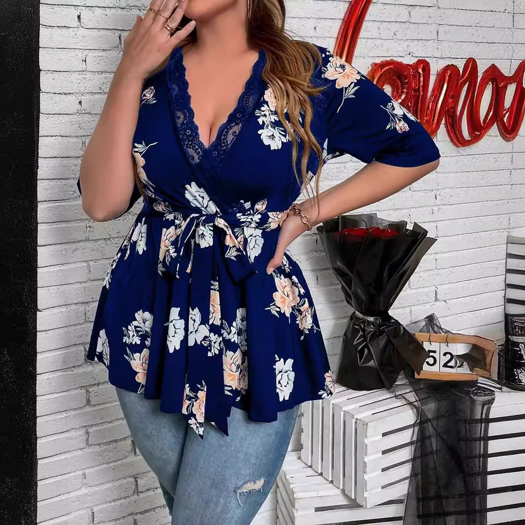 Women Casual Plus Size Lace Splice Floral Printed V-Neck Short-Sleeve Lace-Up Blouse