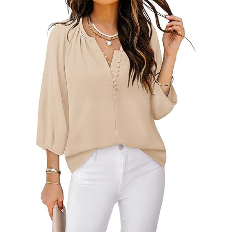 Women Fashion Casual Solid Color Chiffon V-Neck Long-Sleeve Blouse
