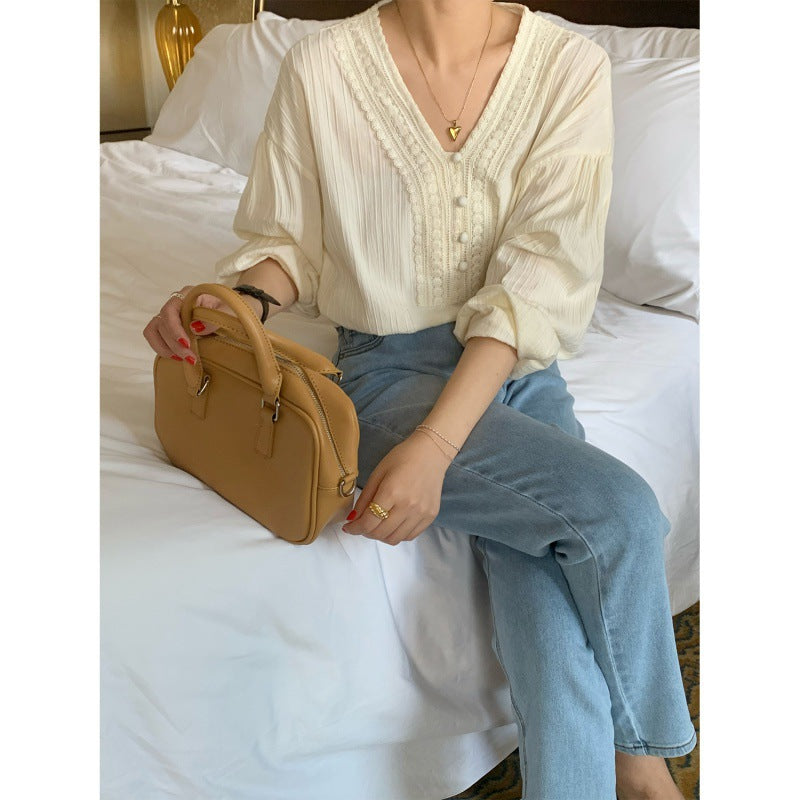 Women Casual Elegant Lace V-Neck Long-Sleeve Blouse