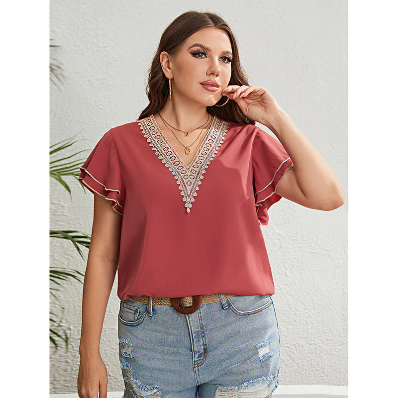 Casual Summer Brownish Red Lace V-Neck Loose Ruffled Short Sleeve Plus Size Women Blouse