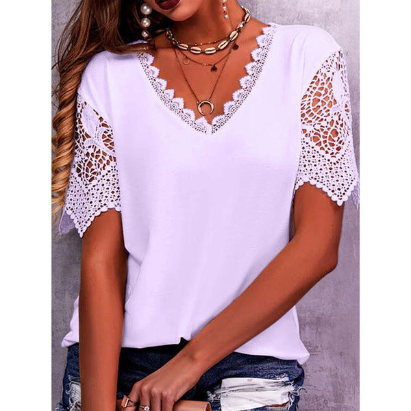 Women Casual Solid Color Lace Patchwork Loose V-Neck Short-Sleeved Blouse