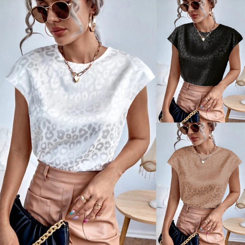 Women Summer Leopard Jacquard Casual Short Sleeve Office Chic Blouse