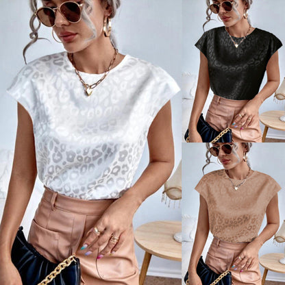 Women Summer Leopard Jacquard Casual Short Sleeve Office Chic Blouse