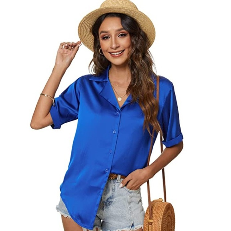 Women Elegant Office Basic Short Sleeve Satin Summer Solid Color Casual Single-breasted Loose Blouse