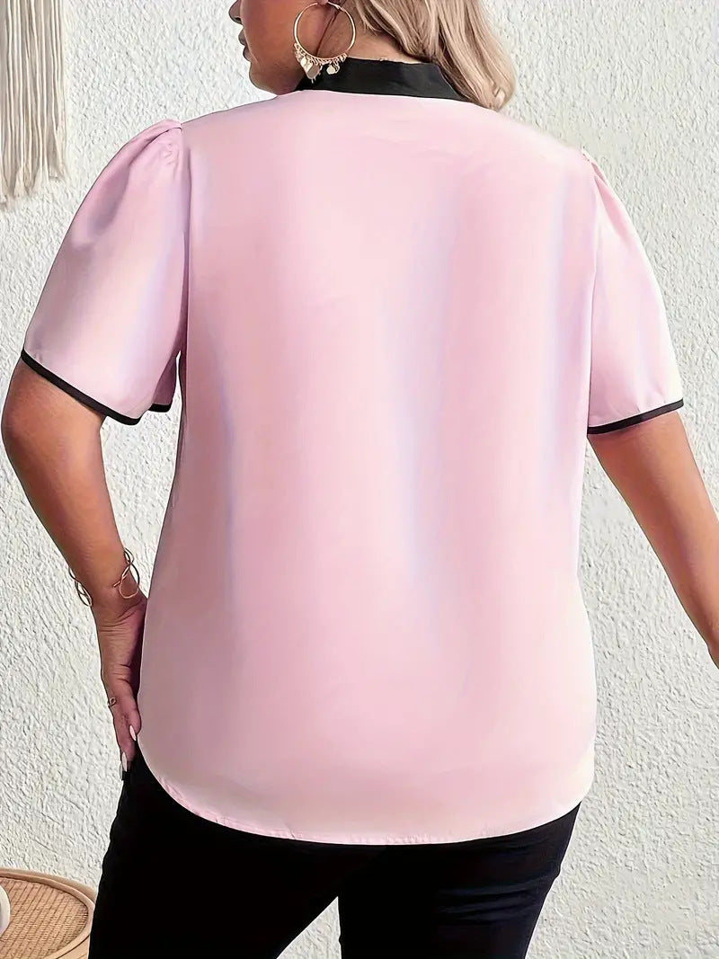 Women Fashion Casual Plus Size Color Matching Lace-Up Bowknot Short-Sleeve Blouse