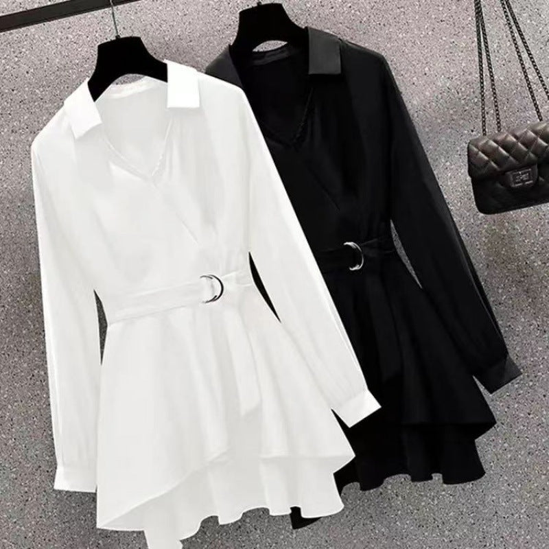 Large Size Women Casual Solid Color Long Sleeve V Neck Loose Shirt Blouse