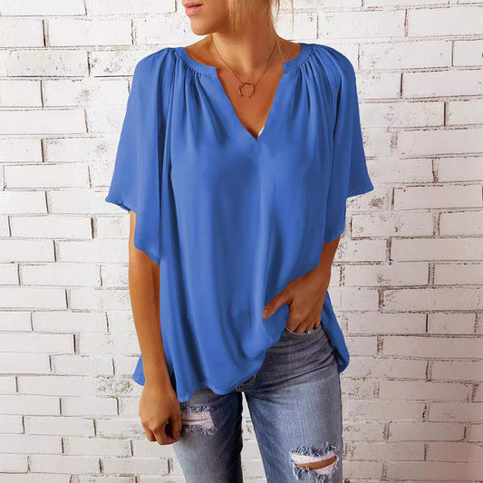 Women Casual Loose Solid Color V-Neck Short-Sleeve Blouse