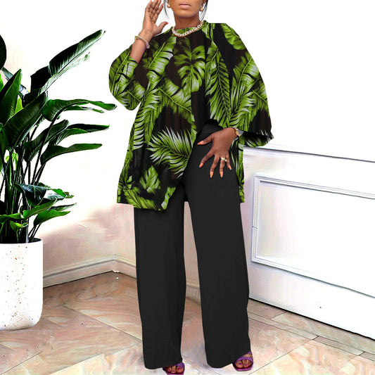 Women Spring Autumn Fashion Loose Casual Plus Size Print Blouse Pants Set