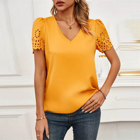 Women Casual Hollow Flower Hollow Short-Sleeved V Neck Blouse