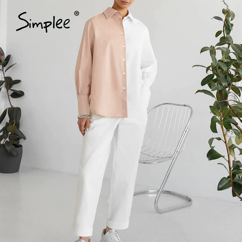 Women Work Casual Color Blocking Single-Breasted Long Puff Sleeves Blouse