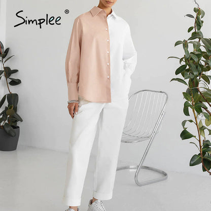 Women Work Casual Color Blocking Single-Breasted Long Puff Sleeves Blouse