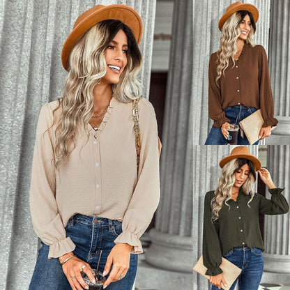 Women Elegant Solid Color V-Neck Fashion Casual Polka Dot Ruffled Blouse