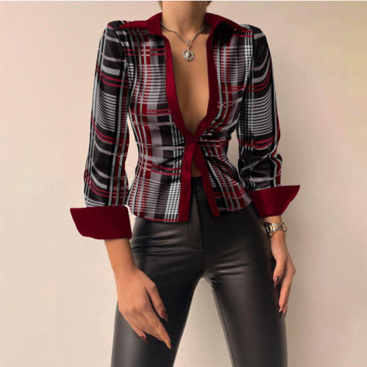 Women Fashion Casual Lapel V-Neck Long Sleeve Stitching Blouse