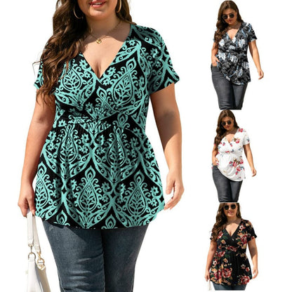 Women Plus Size Floral Print Casual Summer Short Sleeve V Neck Blouse
