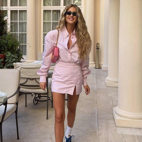 Women Fashion Casual Stripe Lapel Long Sleeve Blouse Slim Fit Split Skirt Two-Piece Set
