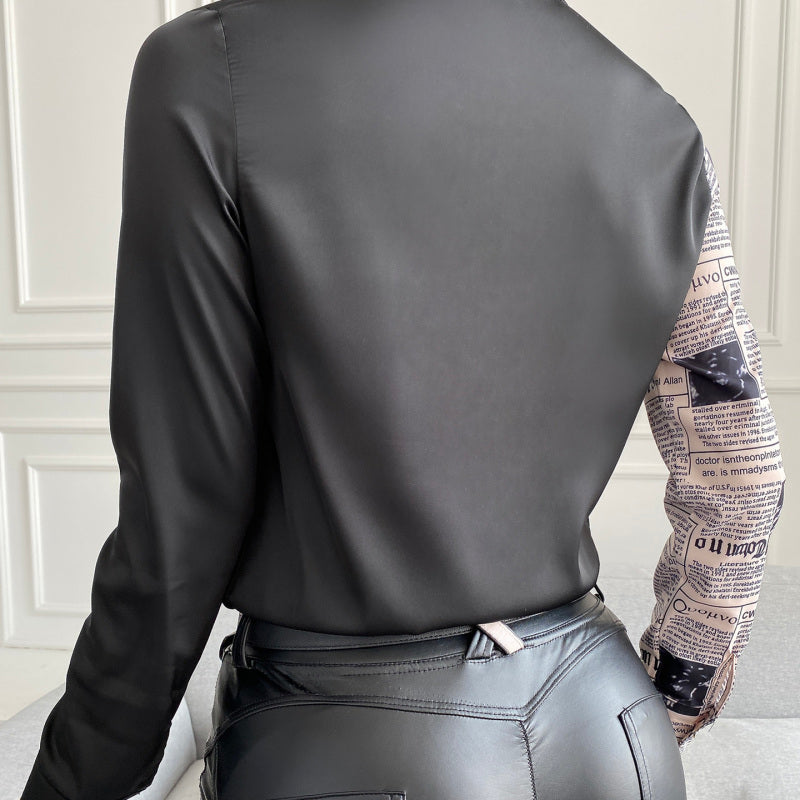 Women Elegant Work Casual Letter Print Long Sleeves Lapel Color Blocking Blouse