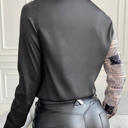 Women Elegant Work Casual Letter Print Long Sleeves Lapel Color Blocking Blouse
