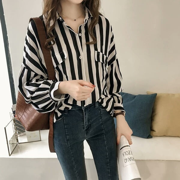 Women Casual Striped Print Long Sleeve Blouses