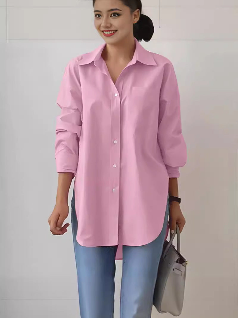 Women Casual Simple Solid Color Lapel Long Sleeve Single Breasted Split Blouse
