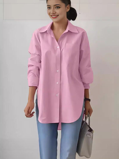 Women Casual Simple Solid Color Lapel Long Sleeve Single Breasted Split Blouse