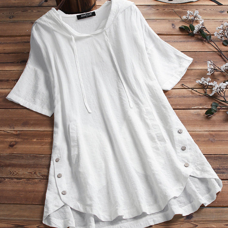 Women Casual Summer Short Sleeves Plus Size Round Neck Loose Hooded Blouse