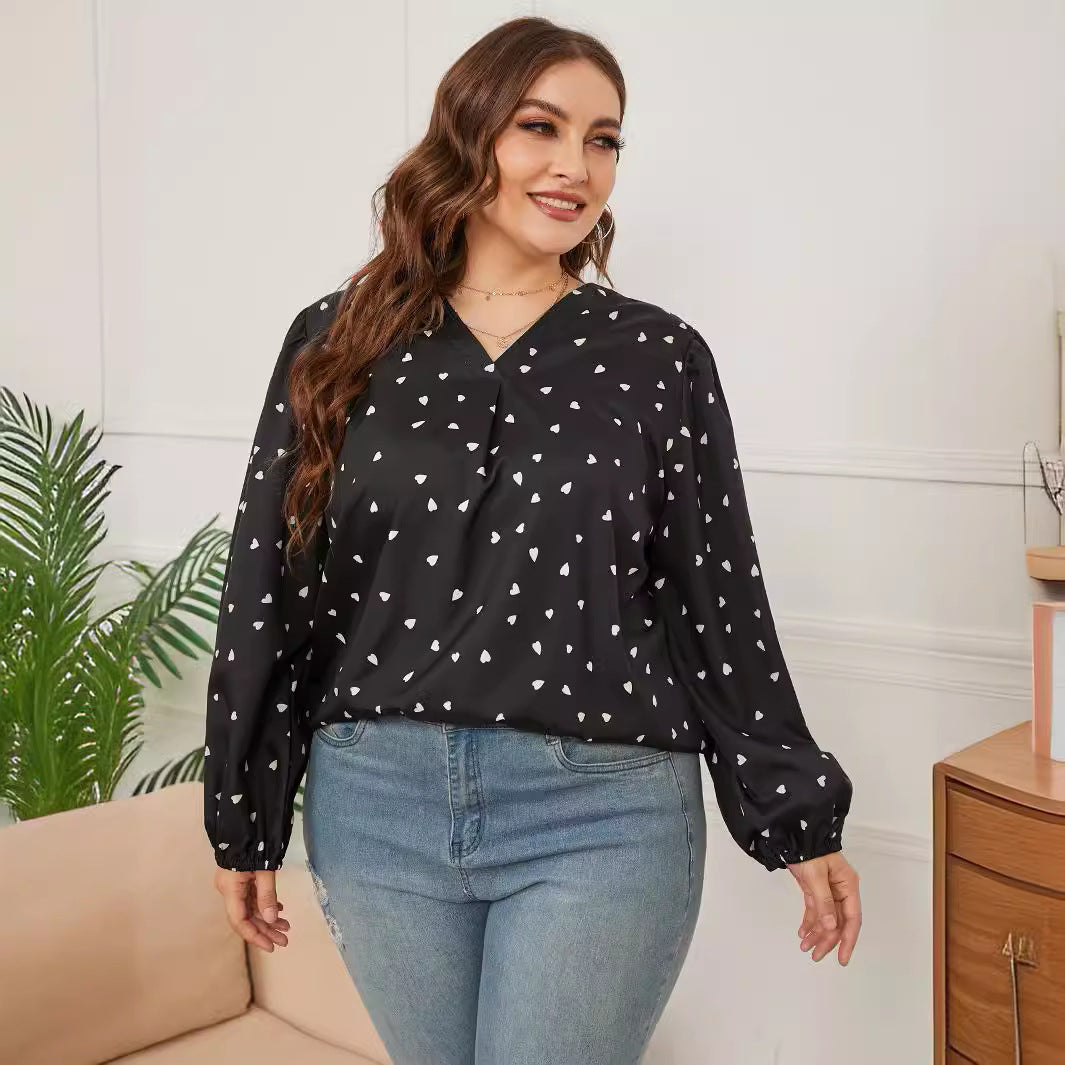 Women Casual Plus Size Printed V-Neck Long Sleeve Blouse