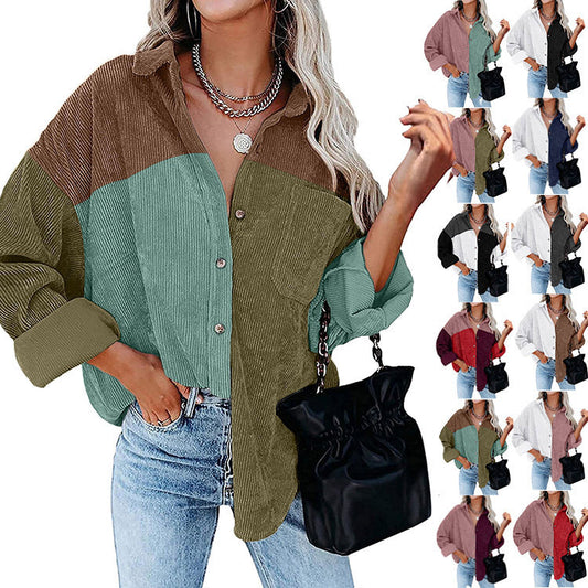 Women Casual Color Blocking Long Sleeve Lapel Single-breasted Patchwork Blouse