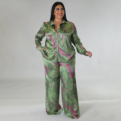 Plus Size Women Simple Printed Cardigan Long-Sleeved Shirt Blouse And Loose Pants Fashion Casual Two Pieces Set
