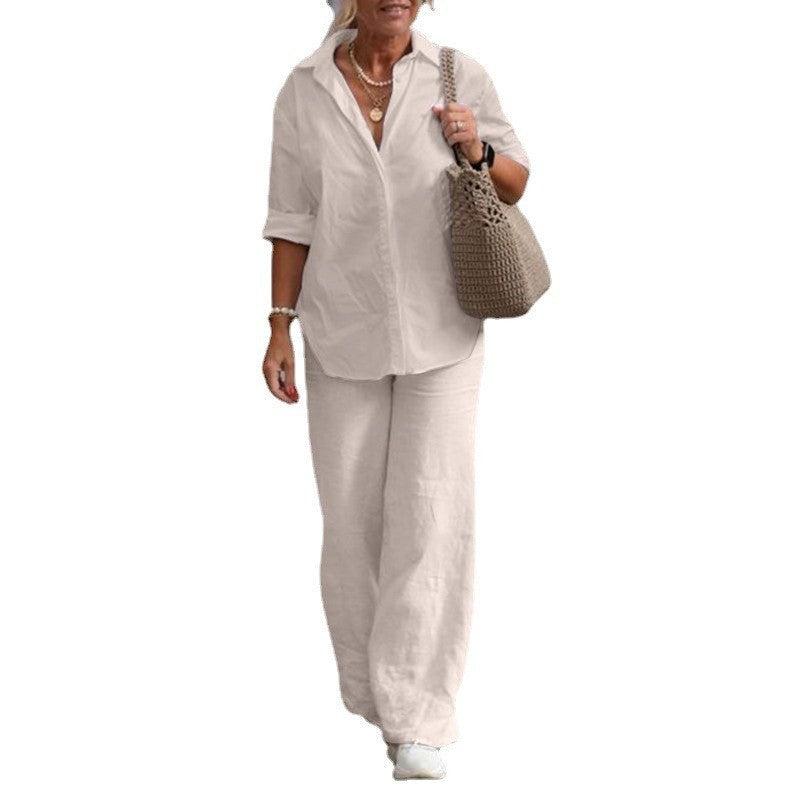 Women Fashion Casual Lapel Long-Sleeved Blouse Solid Color Pants Wide-Leg Set