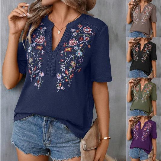 Women Casual Embroidery Lace Stitching Blouses
