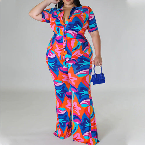 Women Casual Plus Size Fashion Color Blocking Graphic Printed Short-Sleeved Blouse Pants Two-Piece Set