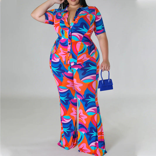 Women Casual Plus Size Fashion Color Blocking Graphic Printed Short-Sleeved Blouse Pants Two-Piece Set