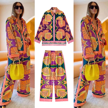 Women Elastic Waist Straight Suit Casual Print Shirt Blouse Top And Pants 2 Piece Set