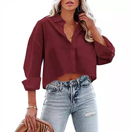Women Fashion Casual Solid Color Lapel Long-Sleeve Buckle Blouse