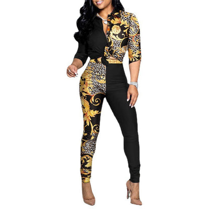 Women Fashion Casual Color-Block Printed Long-Sleeve Blouse Shirt Casual Pants Two-Piece Set