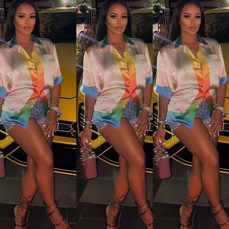 Women Fashion Casual Rainbow Color Gradient Print Short-Sleeved Blouse