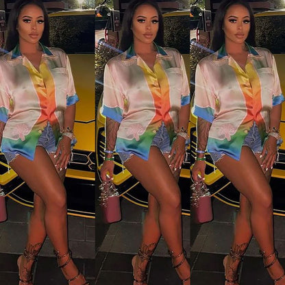 Women Fashion Casual Rainbow Color Gradient Print Short-Sleeved Blouse